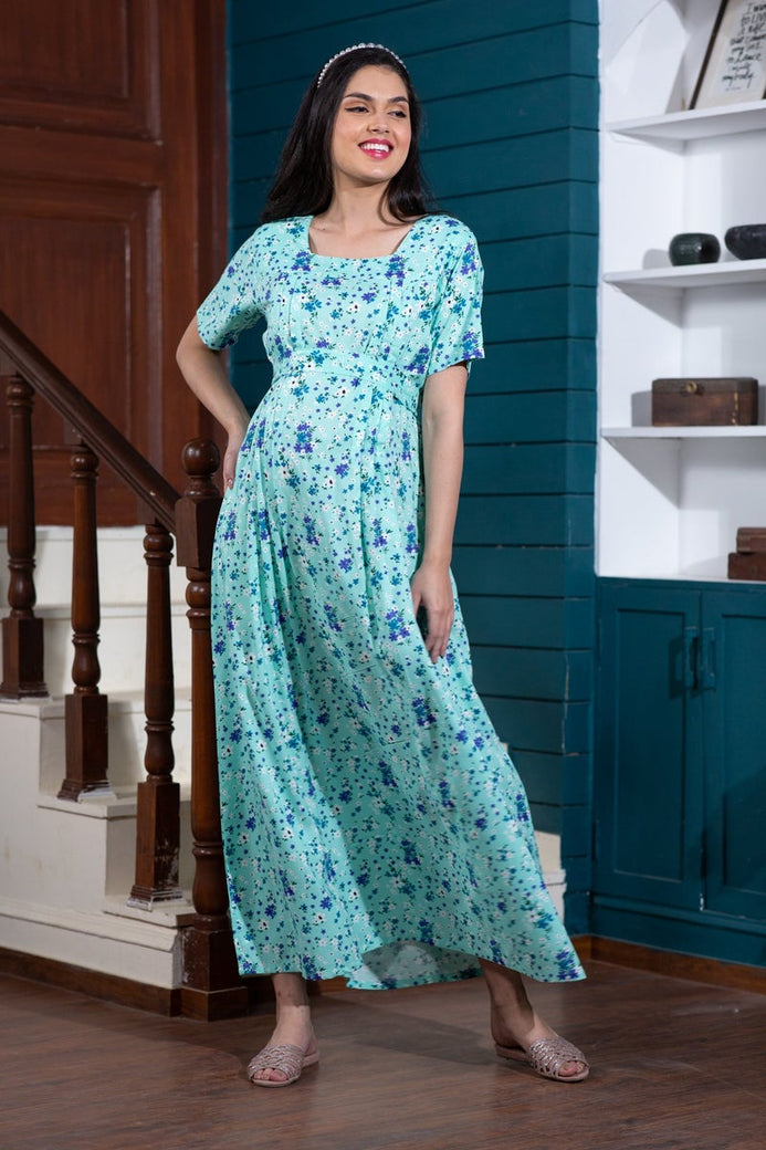 Blue Floral Cotton Maternity & Nursing Night Dress
